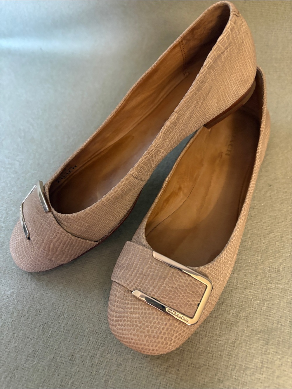 Coach Blush Pink Textured Leather Buckle Flats